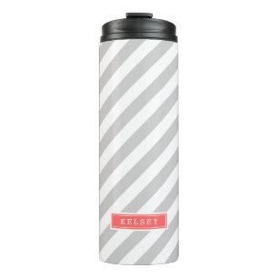Grey and Coral Preppy Stripes Monogram Thermal Tumbler
