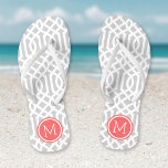 Grey and Coral Trellis Monogram Flip Flops<br><div class="desc">Custom printed flip flop sandals with a stylish modern trellis pattern and your custom monogram or other text in a circle frame. Click Customize It to change text fonts and colours or add your own images to create a unique one of a kind design!</div>