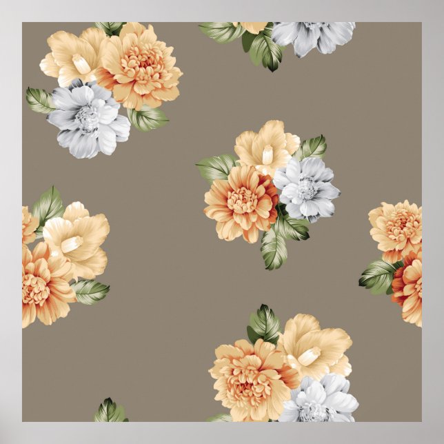 grey and cream flowers with leaves bunches pattern poster (Front)