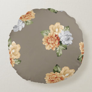 grey and cream flowers with leaves bunches pattern round pillow