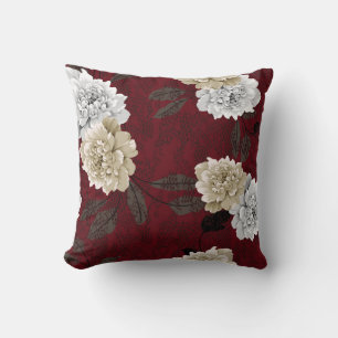 Grey and cream vintage flowers with leaves bunches throw pillow