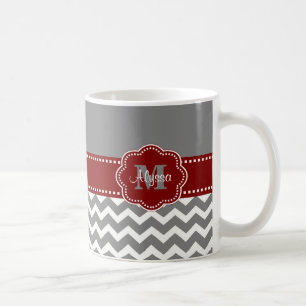 Grey and Dark Red Chevron Personalized Mug