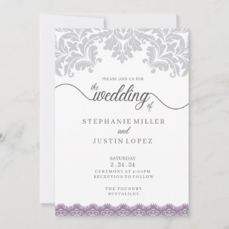 Grey and Dusty Purple Scroll Wedding Invitation
