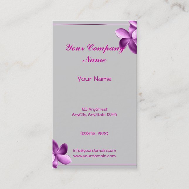 Grey and Eggplant Plumeria Business Card (Front)