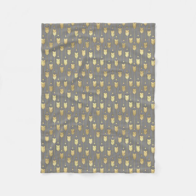 Grey and Faux Gold Arrows Pattern Fleece Blanket (Front)