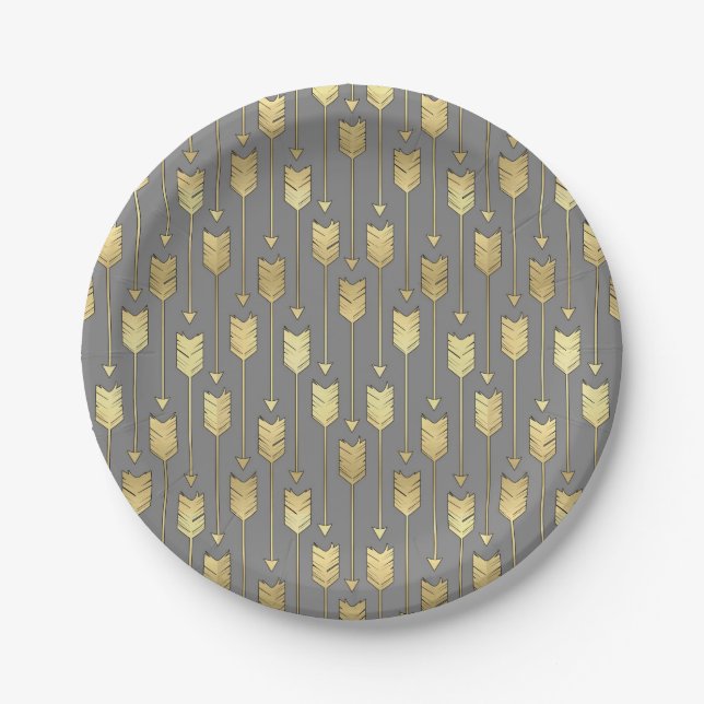Grey and Faux Gold Arrows Pattern Paper Plate (Front)