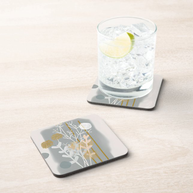 Grey and gold abstract botanical minimalist art  coaster (Right Side)