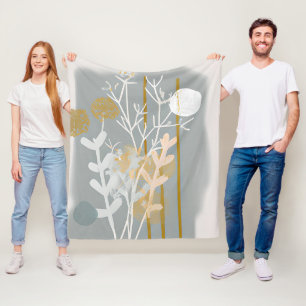 Grey and gold abstract botanical minimalist art fleece blanket