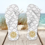 Grey and Gold Aztec Monogram Flip Flops<br><div class="desc">Custom printed flip flop sandals with a geometric Aztec pattern and your custom monogram or other text in a circle frame. Click Customize It to change text fonts and colours or add your own images to create a unique one of a kind design!</div>