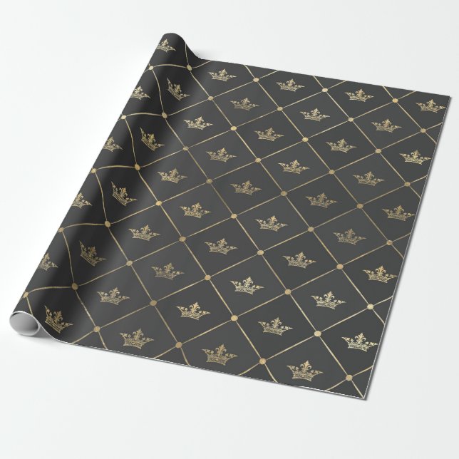 Grey and Gold Foil Paris Crown Wrapping Paper (Unrolled)