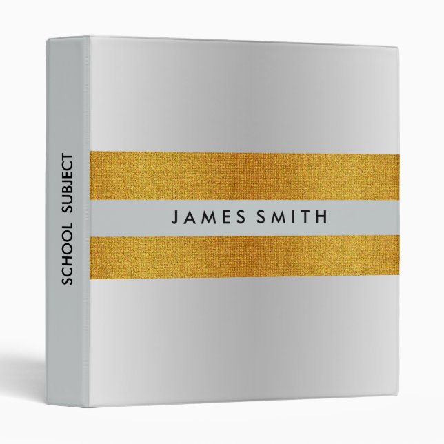 Grey And Gold Glitter Badge Striped Personalized Binder (Front/Spine)