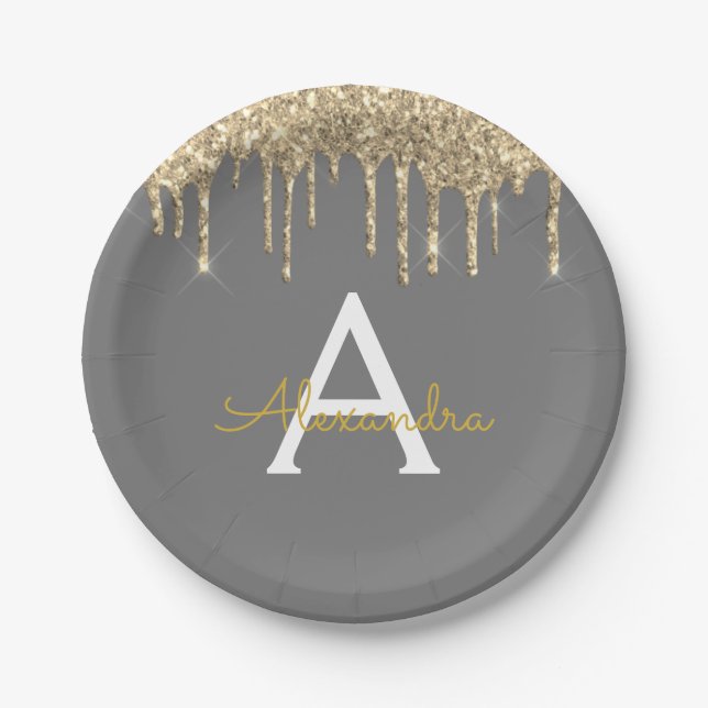 Grey and Gold Glitter Monogram Birthday Paper Plate (Front)