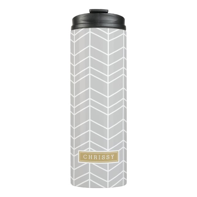 Grey and Gold Herringbone Monogram Thermal Tumbler (Front)