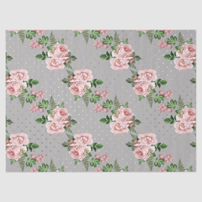 Grey and Gold Polka Dots with Pink Roses Decoupage Tissue Paper (Front)