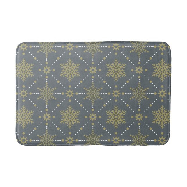 Grey and Gold Snowflakes Christmas Pattern Bath Mat (Front)