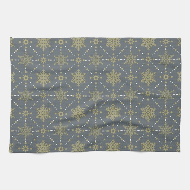 Grey and Gold Snowflakes Christmas Pattern Kitchen Towel (Horizontal)