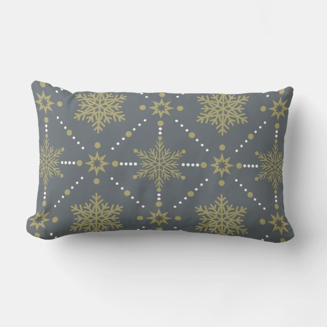 Grey and Gold Snowflakes Christmas Pattern Lumbar Pillow (Front)
