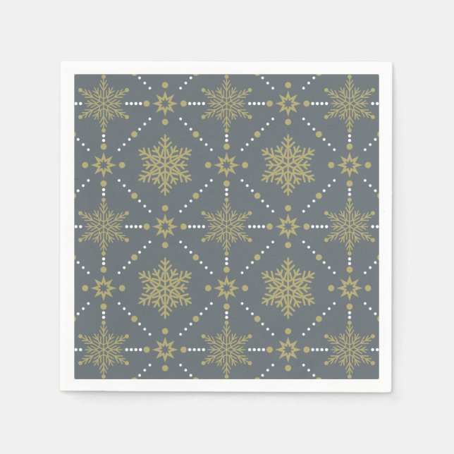 Grey and Gold Snowflakes Christmas Pattern Napkin (Front)