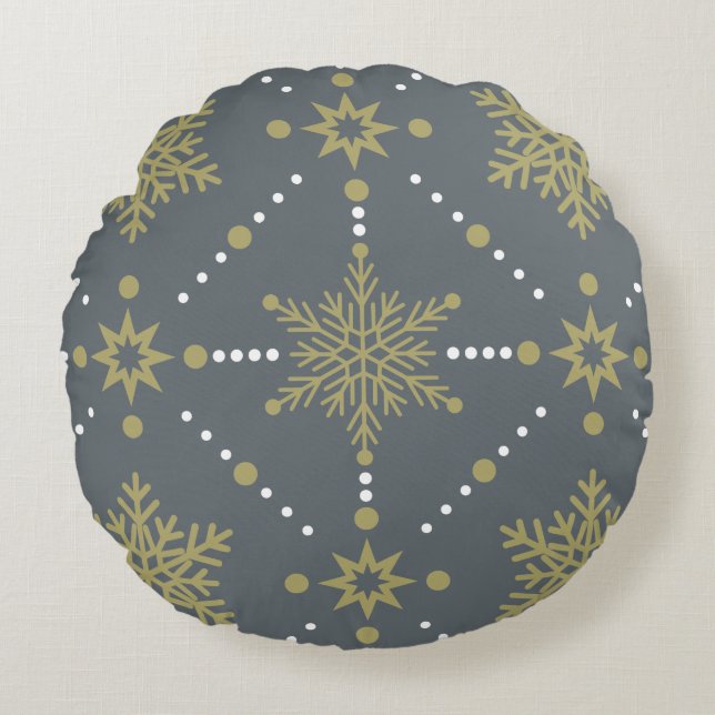 Grey and Gold Snowflakes Christmas Pattern Round Pillow (Front)