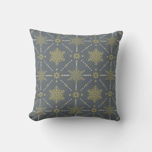 Grey and Gold Snowflakes Christmas Pattern Throw Pillow (Front)