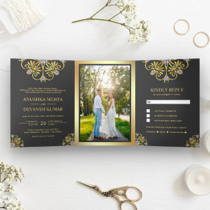 Grey and Gold Traditional Mandala Indian Wedding Tri-Fold Invitation