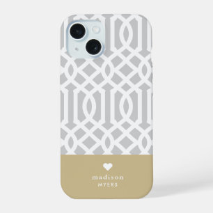 Grey and Gold Trellis Heart Monogram iPhone 15 Case