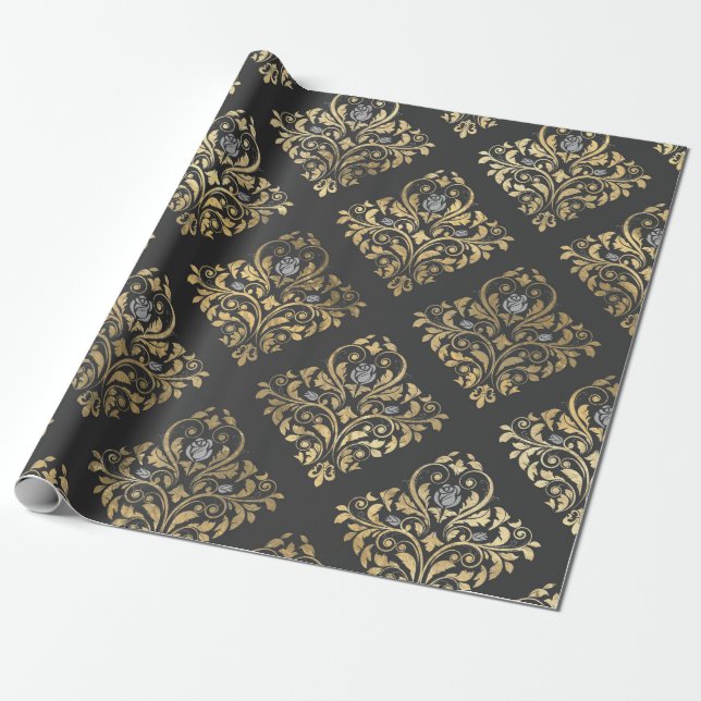 Grey and Gold Vintage Damask Wrapping Paper (Unrolled)