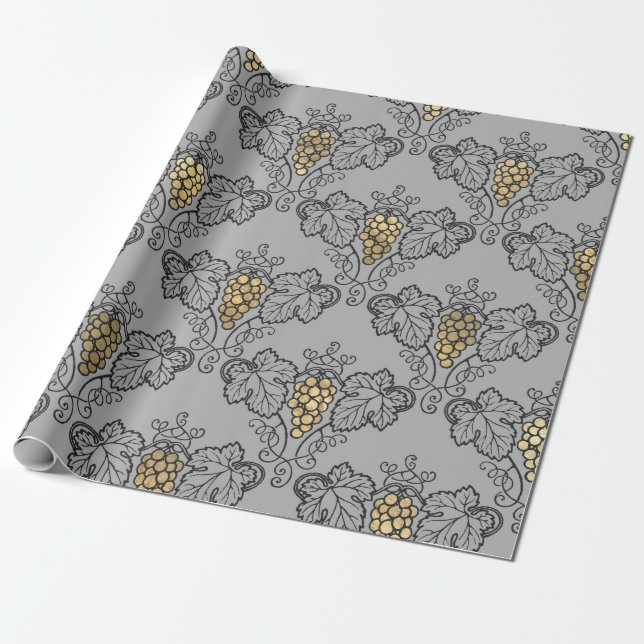 Grey and Gold Vintage Wine Wrapping Paper (Unrolled)
