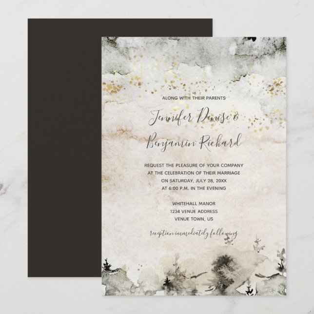 Grey and Gold Watercolor Alpine Mountain Wedding | Invitation (Front/Back)