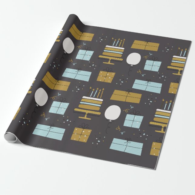 Grey and Golden Cute Illustrated Birthday Gift Wrapping Paper (Unrolled)