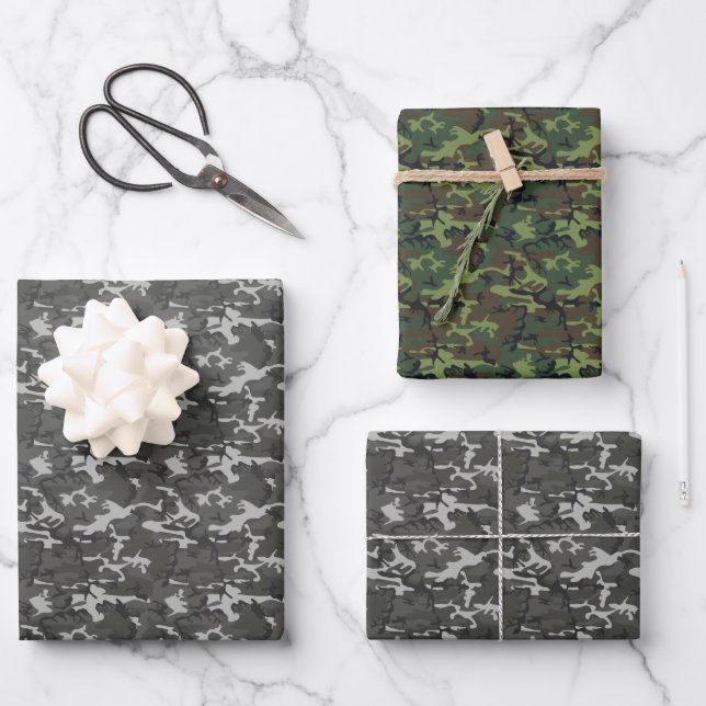 Grey and Green Camouflage  Wrapping Paper Sheet (Front)