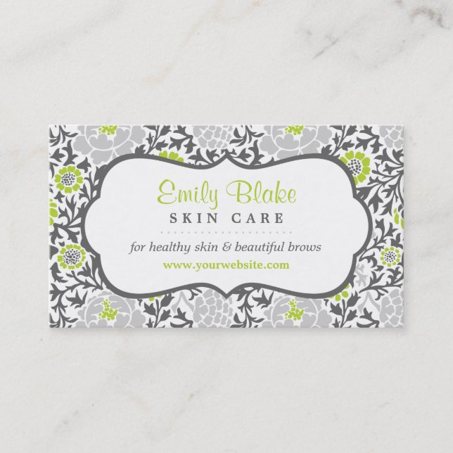 Grey and Green Floral Damask Appointment Card (Front)