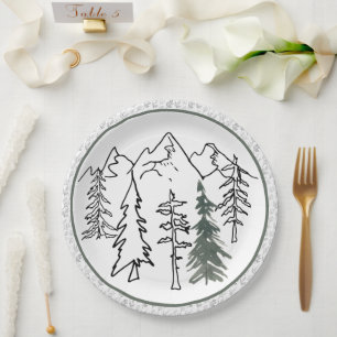 Grey and Green Minimalist Outdoor Mountains Trees Paper Plate