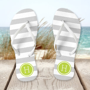 Grey and Green Preppy Stripes Monogram Flip Flops