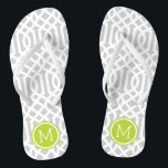 Grey and Green Trellis Monogram Flip Flops<br><div class="desc">Custom printed flip flop sandals with a stylish modern trellis pattern and your custom monogram or other text in a circle frame. Click Customize It to change text fonts and colours or add your own images to create a unique one of a kind design!</div>