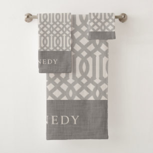 Grey and Ivory Trellis Monogram   Modern Farmhouse Bath Towel Set