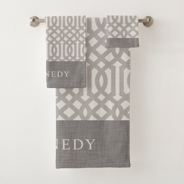 Grey and Ivory Trellis Monogram | Modern Farmhouse Bath Towel Set (Insitu)