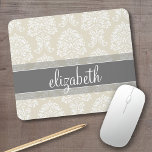Grey and Ivory Vintage Damask Pattern with Name Mouse Pad<br><div class="desc">An elegant pattern with a classy font designed for a feminine woman. Add your name or monogram. If you need to make adjustments to the artwork,  click on the customize it button to make changes.</div>
