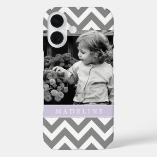 Grey and Lavender Zigzags Personalized Photo iPhone 16 Case
