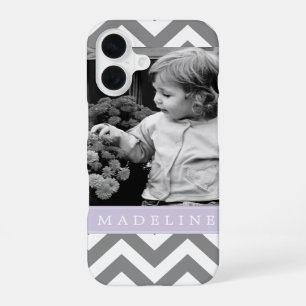 Grey and Lavender Zigzags Personalized Photo iPhone 16 Case