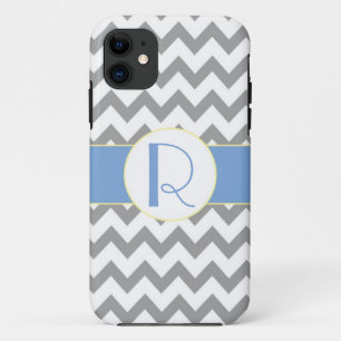Grey and Light Blue Chevron Striped Monogram iPhone 11 Case