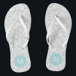 Grey and Light Blue Damask Pattern Monogrammed Flip Flops<br><div class="desc">Fun and trendy geometric pattern and monogram design. Perfect for brides,  bridesmaids,  bridal parties,  birthdays,  summer gifts,  etc.</div>