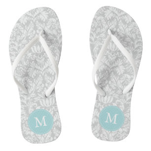 Grey and Light Blue Damask Pattern Monogrammed Flip Flops