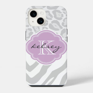 Grey and Lilac Animal Print Monogram iPhone 14 Case