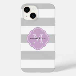 Grey and Lilac Purple Wide Stripes Custom Monogram Case-Mate iPhone 14 Case