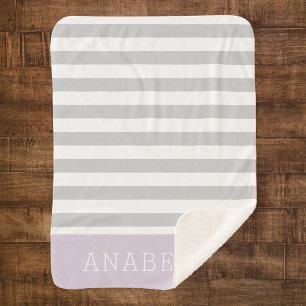 Grey and Lilac Stripes Monogram Editable Colours Sherpa Blanket