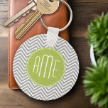 Grey and Lime Chevrons with Custom Monogram Keychain<br><div class="desc">A bold art deco design in fresh,  cheerful colours. If you need to adjust the monograms,  click on the customize it button and make changes.</div>