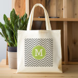 Grey and Lime Chevrons with Custom Monogram Tote Bag<br><div class="desc">A bold art deco design in fresh,  cheerful colours. If you need to adjust the monograms,  click on the customize it button and make changes.</div>