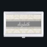 Grey and Linen Vintage Damask Pattern with Name Business Card Holder<br><div class="desc">Show off your style with an elegant pattern with a classy font designed for a feminine woman. Add your name or monogram. If you need to make adjustments to the artwork,  click on the customize it button to make changes.</div>