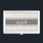 Grey and Linen Vintage Damask Pattern with Name Business Card Holder<br><div class="desc">Show off your style with an elegant pattern with a classy font designed for a feminine woman. Add your name or monogram. If you need to make adjustments to the artwork,  click on the customize it button to make changes.</div>
